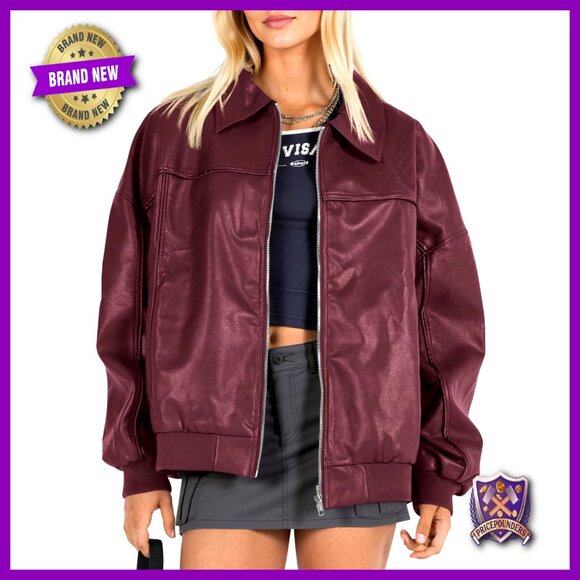 Oversized Faux Leather Bomber Jacket Moto Biker Coat Y2K Chic Fall Fashion